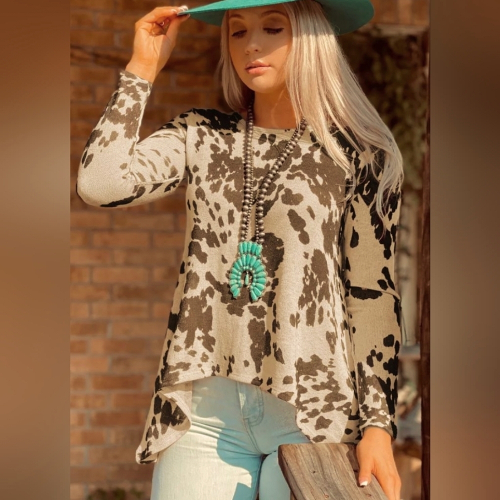 NWT'S- OVER THE MOON - Tan/Brown Cow Print Long Sleeve Top